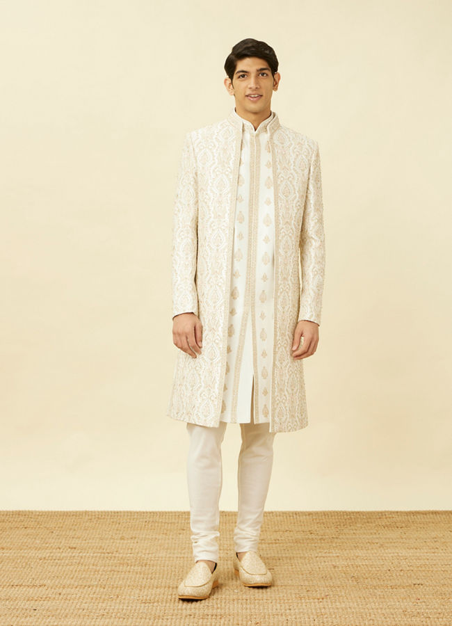 Off White Shankh Motif Sherwani Set image number 3